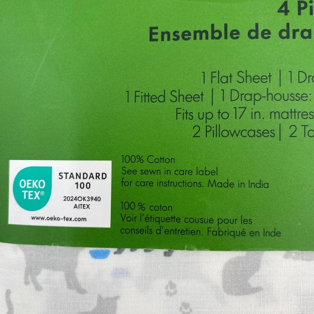 Kate Spade Sheet Set Full Grey White Cat Print 100% Cotton Animal Feline Pet